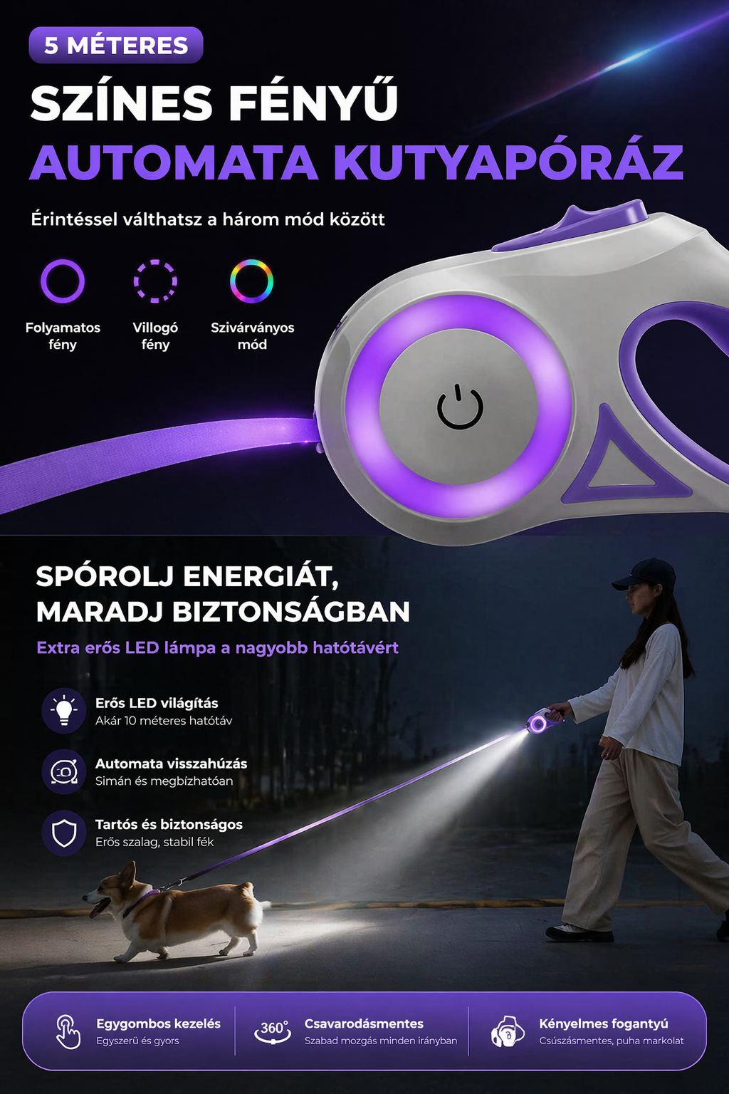 HappyPawsshop LED Biztonsági Automata Kutyapóráz – 5 méteres, világítással