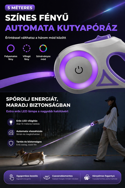HappyPawsshop LED Biztonsági Automata Kutyapóráz – 5 méteres, világítással